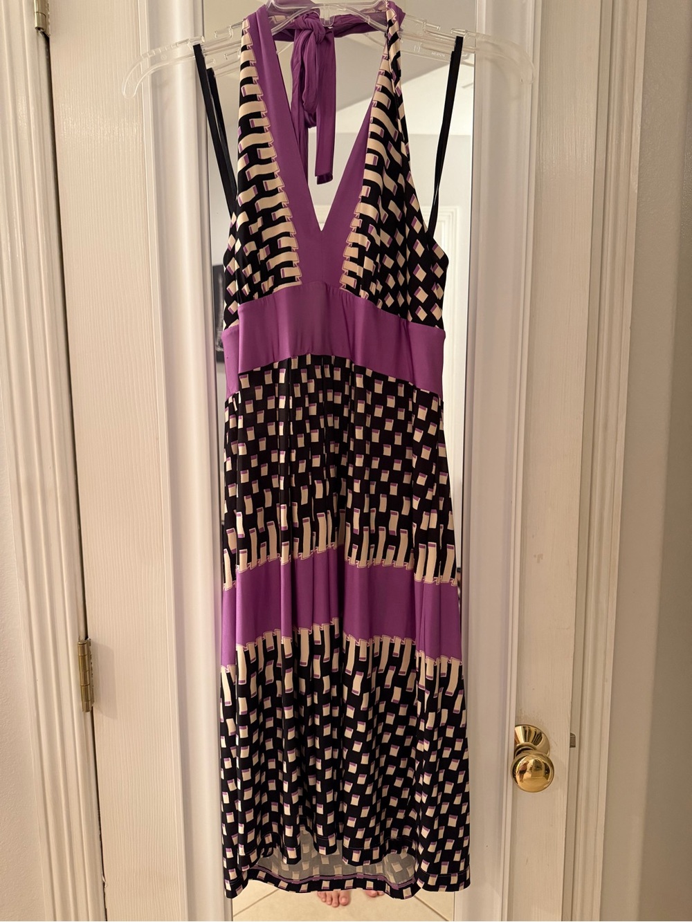 BCBGMaxAzria Black, Purple & Cream Geometric Halter Maxi Dress